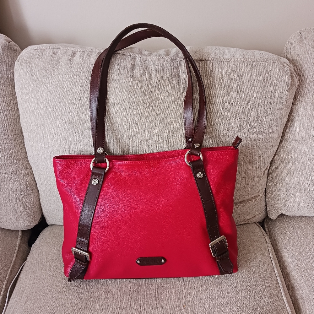 Valentina Red Leather Tote Bag with Brown Straps